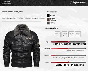Detailed size and material chart for men's PU leather biker jacket in various colors