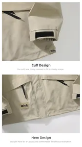 Detail of outdoor jacket showing velcro cuffs and adjustable drawstring hem with brand tag