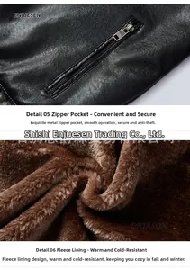 Détails de la veste en cuir pour homme avec poche zippée en métal et doublure polaire