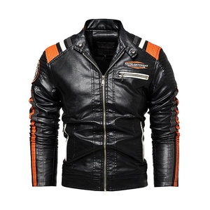 Men Retro Biker PU Leather Jacket With Warm Fleece Lining Stand Collar Racing Style Color Block Zip Up Motorcycle Outwear