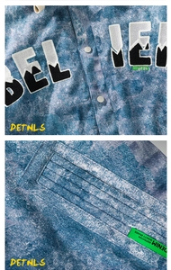 Dettaglio ravvicinato della giacca denim effetto acido con ricami e bottoni metallici