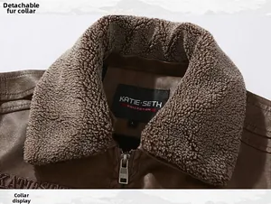 Detail of detachable faux sheepskin collar and zipper on men's brown PU leather jacket