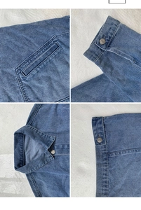 Detail view of washed blue denim jacket showing collar, pocket, cuffs and stitching