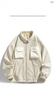Close-up of cream hooded casual jacket featuring waffle texture and flap chest pockets