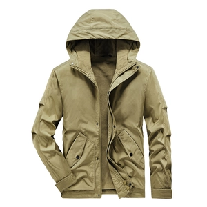 Men's khaki tactical work jacket with warm fleece lining and windproof zipper closure