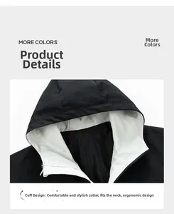 Detail of hooded neckline on waterproof jacket with sleek black shell and grey lining