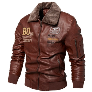 Men's retro brown PU leather flight jacket with faux fur collar and military embroidery patches
