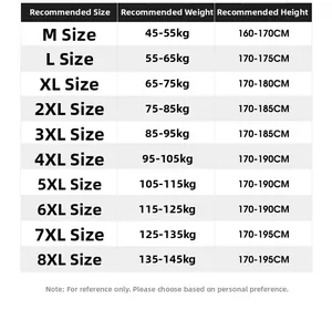 Size chart for men's casual jacket showing M to 8XL height and weight recommendations