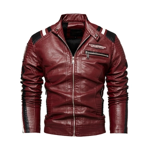 Men's winter burgundy PU leather biker jacket with fleece lining and quilted shoulder details