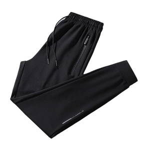 Men's casual black joggers with elastic drawstring waist and side zipper pockets