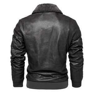 Men's slim fit PU leather jacket with faux fur collar and ribbed cuffs, back view