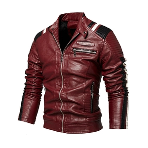 Men's retro burgundy PU leather biker jacket with quilted shoulders and racing stripes