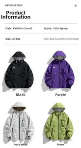 Close-up of windproof nylon hooded jacket features multi-pockets and velcro cuffs in four colors
