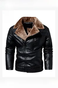 Détail d'une veste en cuir pour homme avec col et doublure en simili mouton marron