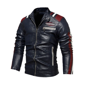Men's navy blue PU leather biker jacket with stand collar and retro racing stripes