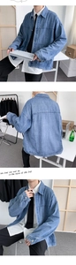 Three-way view of light blue denim jacket with flap pockets and classic collar design