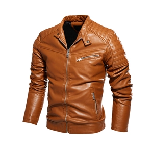 Slim fit brown men's motorcyle PU leather jacket with quilted details and stand collar