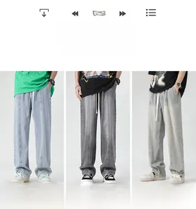 Detailed comparison of wide-leg jeans in light blue, charcoal grey, and retro mud grey tones