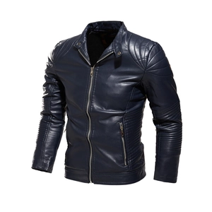 Modern dark blue PU leather biker jacket for men with stand collar and quilted detailing