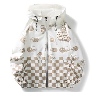 Herren Streetwear Kapuzenjacke Polyester Schachbrettmuster Windjacke Lockere Passform Reißverschluss Oberbekleidung Freizeit Große Größen Mantel