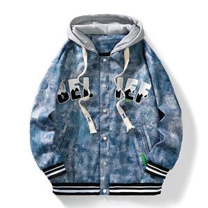 Giacca da Baseball Vintage da Uomo con Cappuccio Lavaggio Acido Ricamo Lettere Bottone a Pressione Streetwear Casual