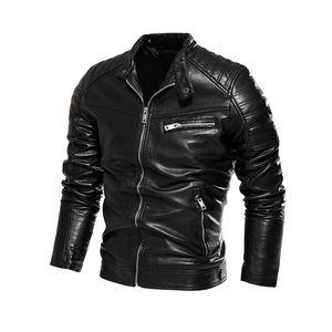 Slim fit black faux leather biker jacket for men with quilted shoulders and stand collar