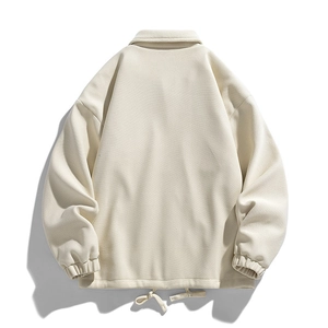 Men's cream casual hooded jacket with textured waffle knit fabric and drawstring hem