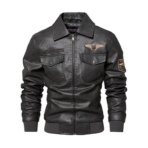 Men's slim fit PU leather biker jacket with embroidered badges and ribbed trim in black