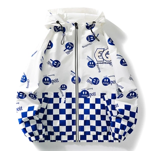 Blau-weiße Kapuzenjacke mit Schachbrettmuster und Smiley-Print für modebewusste Herren