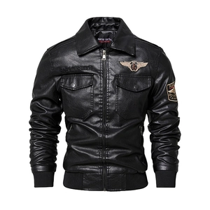 Men's slim-fit black PU leather biker jacket with flap pockets and aviation badges