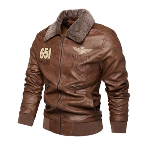 Blouson aviateur vintage en similicuir marron pour homme avec col en polaire et broderie