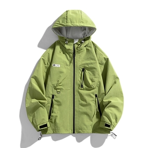 Men's grass green hooded windbreaker jacket with multiple pockets and waterproof fabric