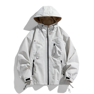 Men's American style hooded windbreaker jacket with waterproof fabric in off-white