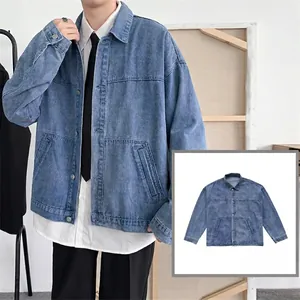 Men's vintage light blue denim jacket with lapel collar and metal buttons in retro style