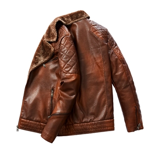 Veste classique en similicuir marron pour homme avec col en fourrure et matelassage