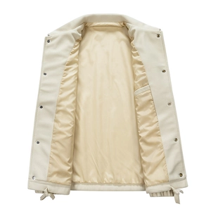 Men's hooded casual beige jacket with smooth satin lining and metallic button closure