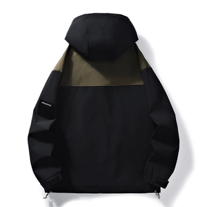 Outdoor men's hooded waterproof jacket in olive green and black color block style