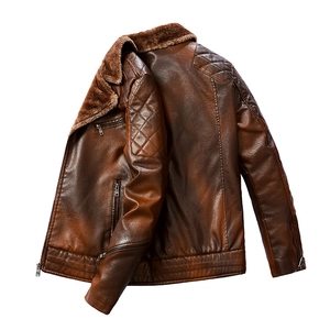 Veste homme vintage en similicuir marron avec col en polaire et détails matelassés