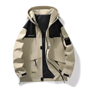 Outdoor waterproof hooded jacket for men in beige and black color-block style