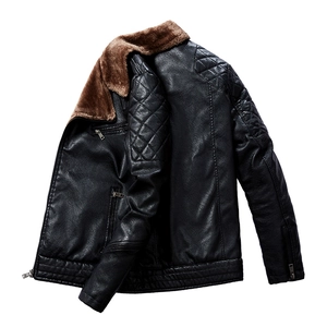 Veste motard homme en similicuir noir avec col en fourrure marron et matelassage