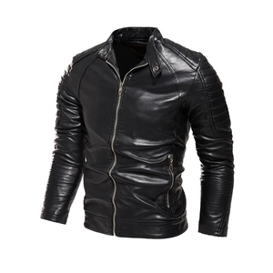 Classic black motorcycle leather jacket for men featuring a stand collar and ribbed shoulder detail