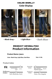 Tableau détaillé montrant le jean ample pour homme en gris noir, bleu clair et bleu foncé