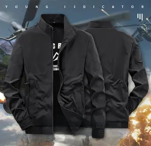 Front and back view of men's casual black slim fit bomber jacket with stand collar
