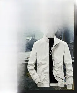 Detail of men's slim fit casual jacket with metal zipper and ribbed cuffs and hem