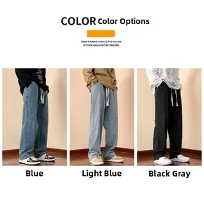Detailed comparison of blue, light blue, and grey-black loose wide-leg jeans for men