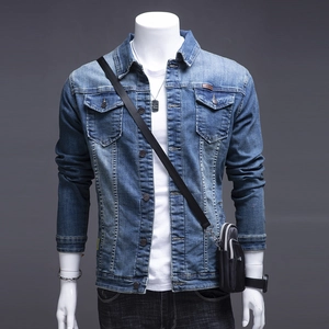 Men Vintage Washed Blue Cotton Denim Jacket With Lapel Collar Button Down Workwear Style Long Sleeve Casual Outerwear Coat
