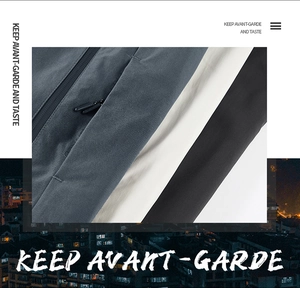 Detail of waterproof taped zippers and high-density tech fabric on men's casual jacket