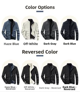 Detail view of reversible jackets in blue, white, grey, and navy with sleeve print