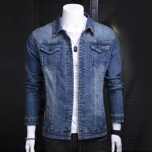 Men's slim fit casual denim jacket in mid-blue wash with classic lapel and chest pockets