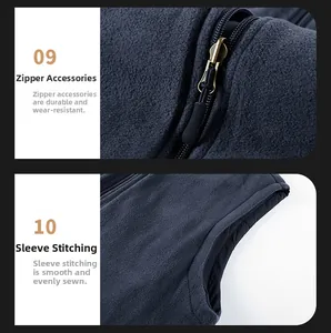 Détail de la fermeture éclair métallique et coutures précises sur la veste sans manche en polaire